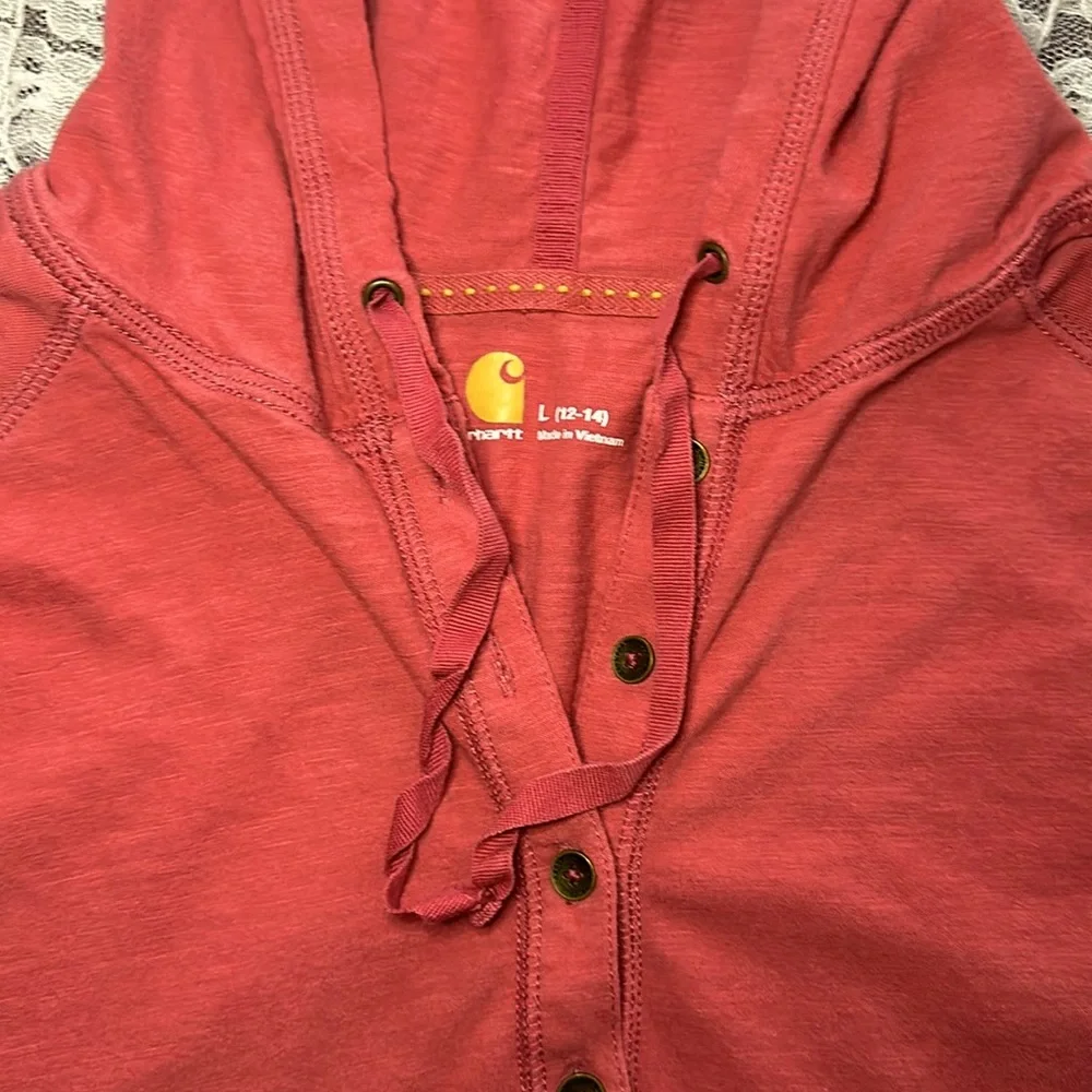 Carhartt beautiful salmon color hooded long sleeved tee 109% cotton sz lg - Picture 2 of 5